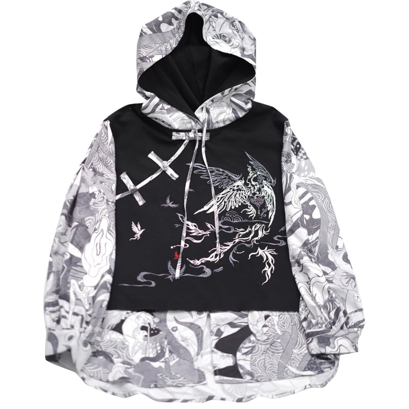 [Kyodo Series]★China style hoodie★ Faux layered unisex print color scheme switching S M L XL