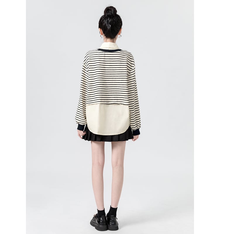 [WEIWU Series] ★Tops★ Fake layered horizontal stripes striped pattern POLO neck fashion SML