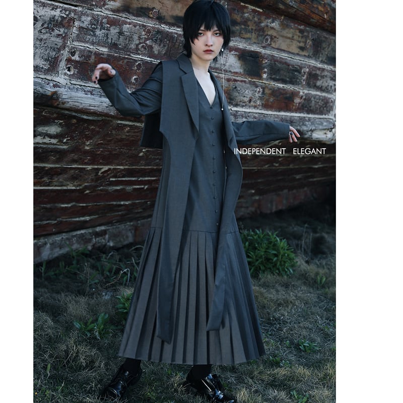 [Daiseiryushu Series]★Setup★ 2-piece V-neck dress + shoulder straps, improves temperament, gray, gray, long length