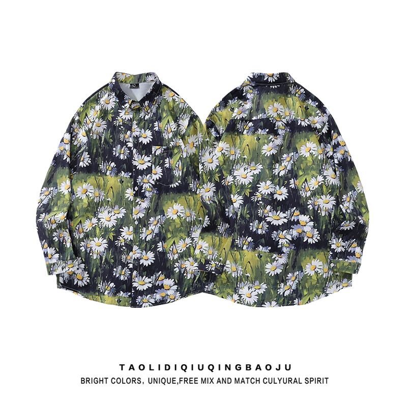 [Escape from Earth Series] ★Floral Pattern Shirt★ Long Sleeve Shirt Tops Unisex Men's ML XL 2XL Green Green Casual