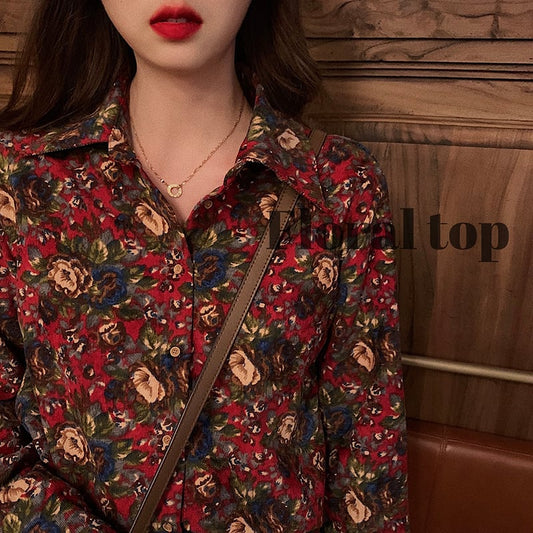 Floral Shirt Tops Print Unique Corduroy Retro Cute Ladies Fashion Red