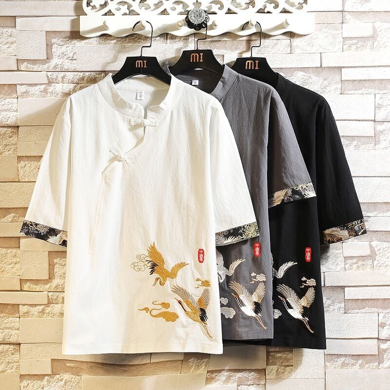 [Hanfan Series] ★China style tops★ 3 color T-shirt Crane pattern 3/4 sleeves Black White Gray Large size