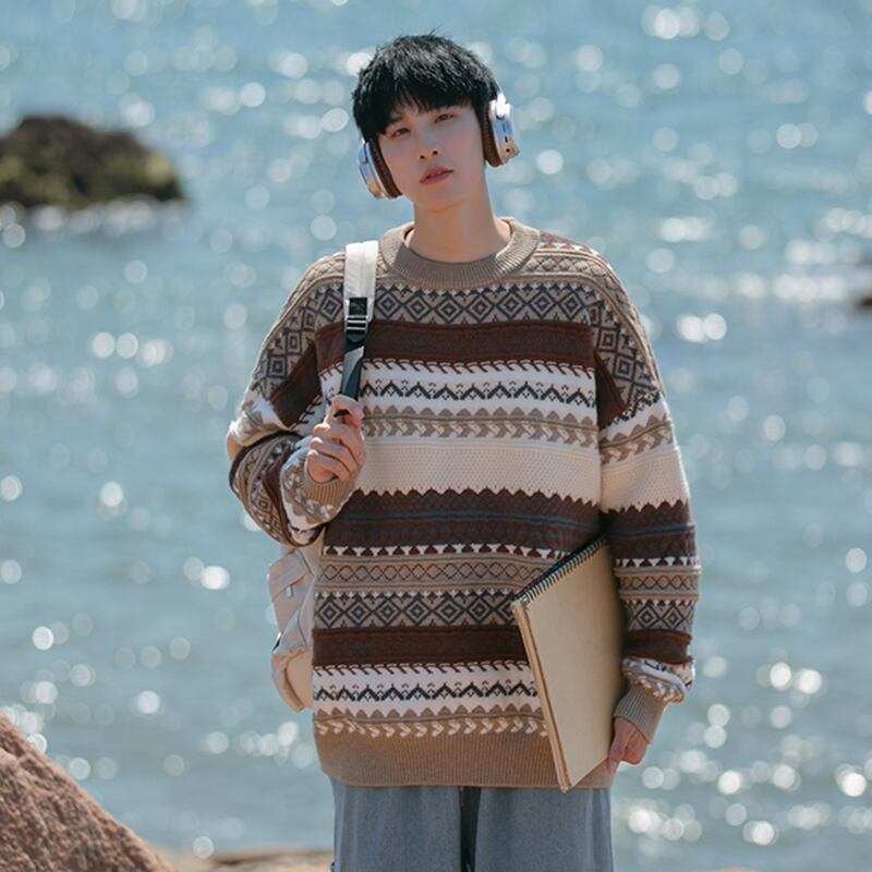 [Pvpvpv Series]★Sweater★ 2color Tops Christmas Unisex Men's Vertical Striped Striped Pattern Gray Brown