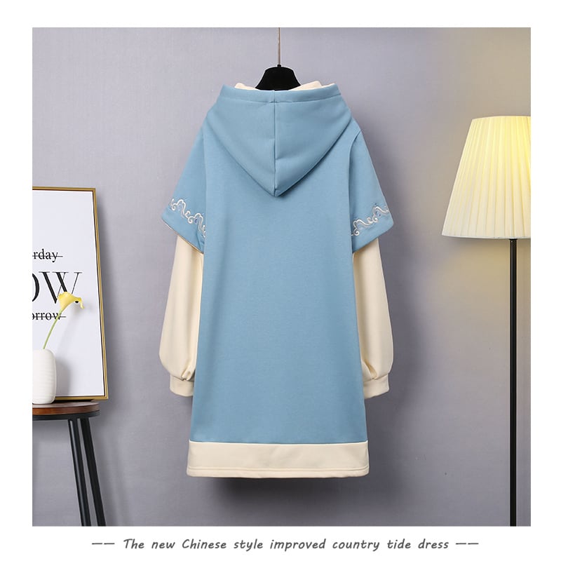 [Bamboo Series] ★Chinese style hoodie★ Fleece lining hoodie dress Chinese clothing embroidery Large size Blue Blue