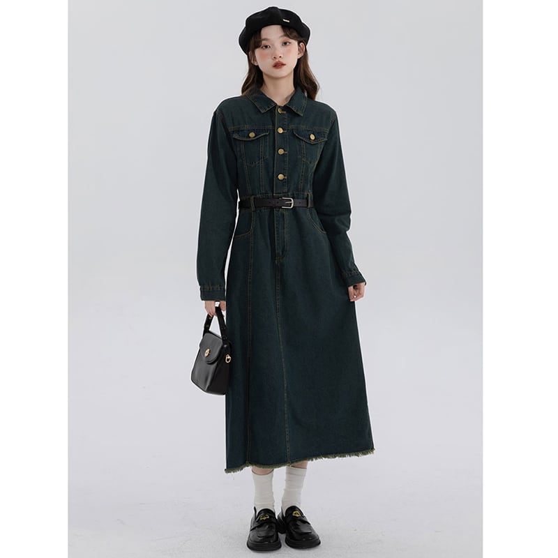 [Minami no Mori Series] ★Dress★ Denim dress with belt, retro, slimming, easy to match SML