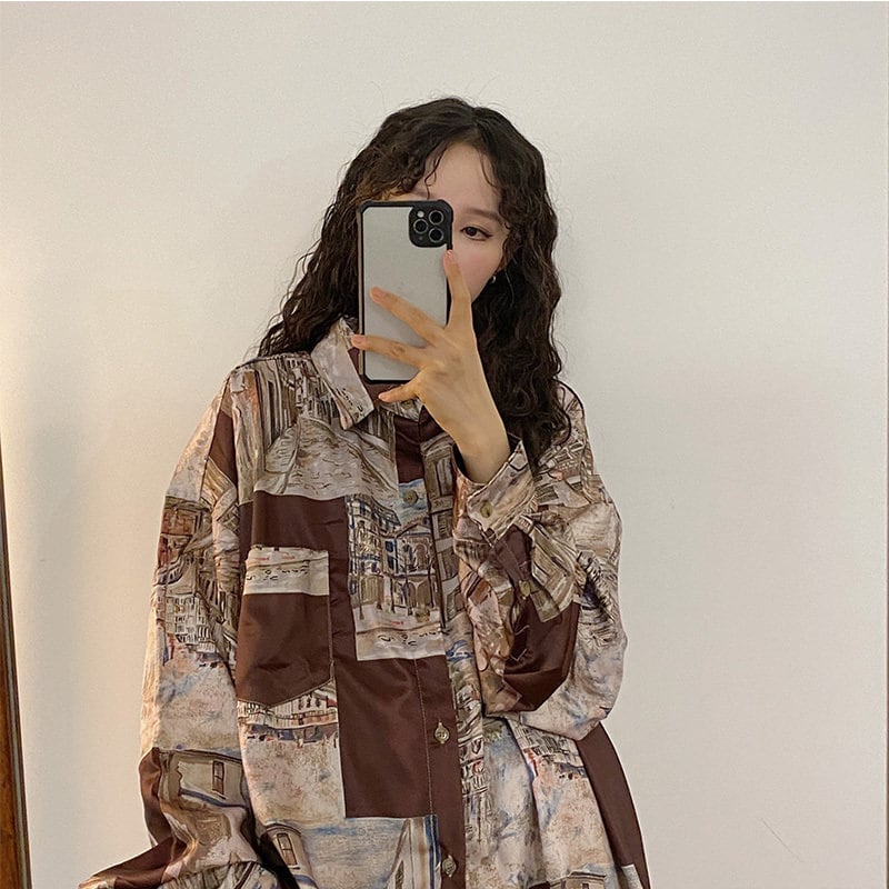 [YOUZI Series]★Shirt★ Tops Oil Painting Style Thin Spring/Summer Loose Retro Print Long Sleeve Shirt S M L XL 2XL