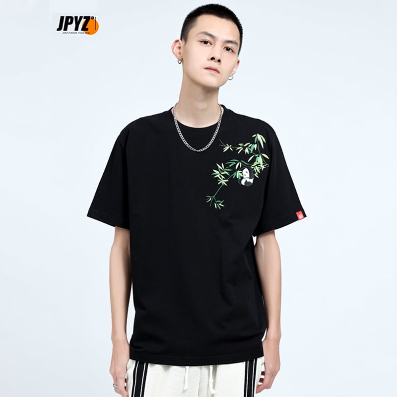 [JPYZ Series]★China style T-shirt★ Tops Unisex Men's Panda Embroidery Black Easy to match