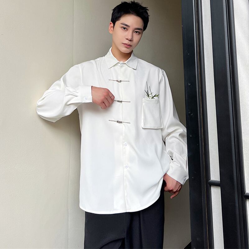 [Illustrated Series] ★Chinese style shirt★ Bamboo Bamboo pattern tops Long sleeve shirt Unisex Men's Chinese clothing Chinese clothing White White