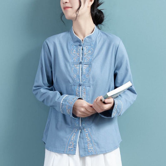 [Qing Series]★China style tops★ 3color embroidery long sleeve shirt simple easy to match Blue Yellow Purple