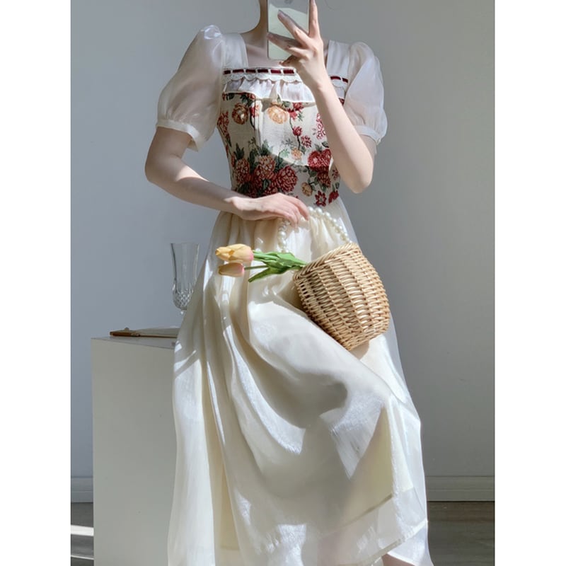 【Yuan Yuanシリーズ】★ワンピース★ 切り替え 油絵風 レトロ 半袖 夏ワンピース 気質アップ 可愛い