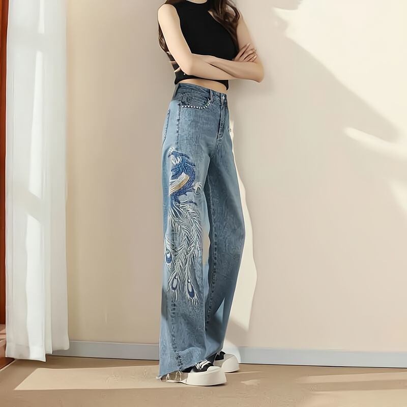 [HANMOYAN Series]★Denim Pants★ Trousers Bottoms Embroidery Phoenix Spring/Summer Slimming Ladies Blue Blue