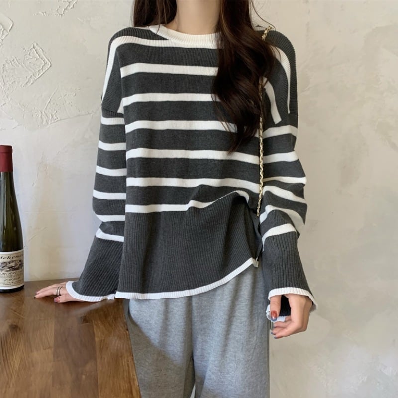 [Insufficient Moe Series] ★Tops★ 4color Flare Sleeve Women's Stylish Horizontal Striped Pattern Easy to Match