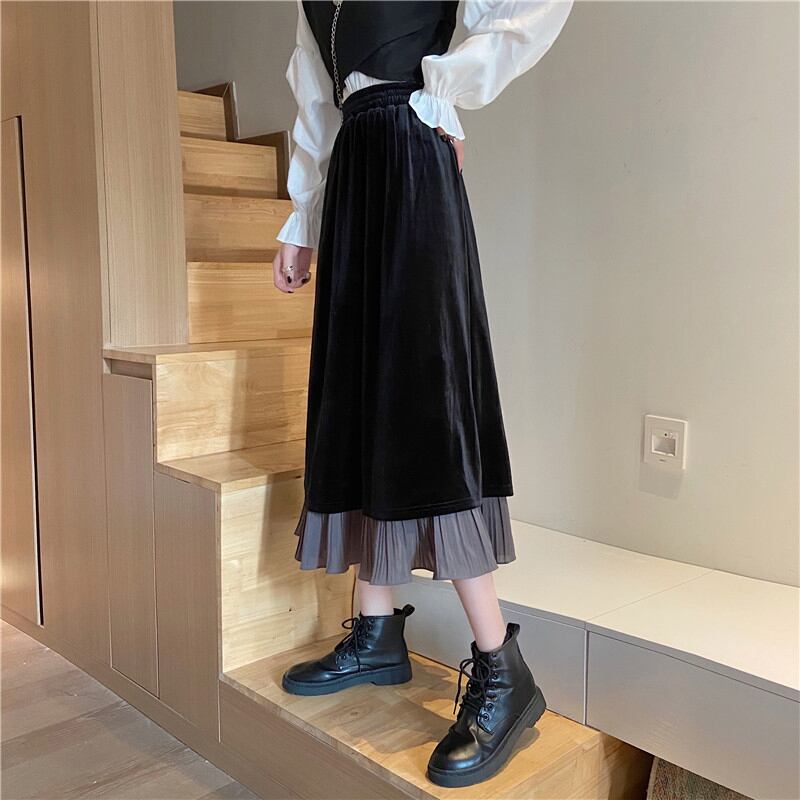 [Goran series] ★Long skirt★ Bottoms Velvet High waist Layered style Easy to match A-line