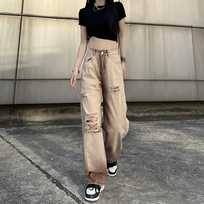 [SUFEI Series]★Denim Pants★ Trousers Bottoms Casual Distressed Unisex Brown Fashion