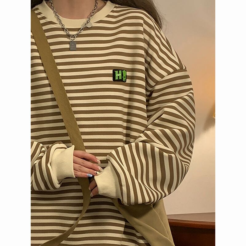 [BIGEMAN Series] ★Tops★ 2color Horizontal striped pattern long sleeve tops Unisex Men's Large size Black Coffee color