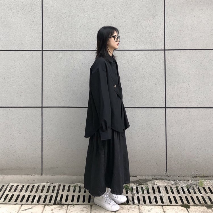 [Modern People Series]★Shirt★ Tops Black Black Free size Loose Harajuku style Irregular Unisex