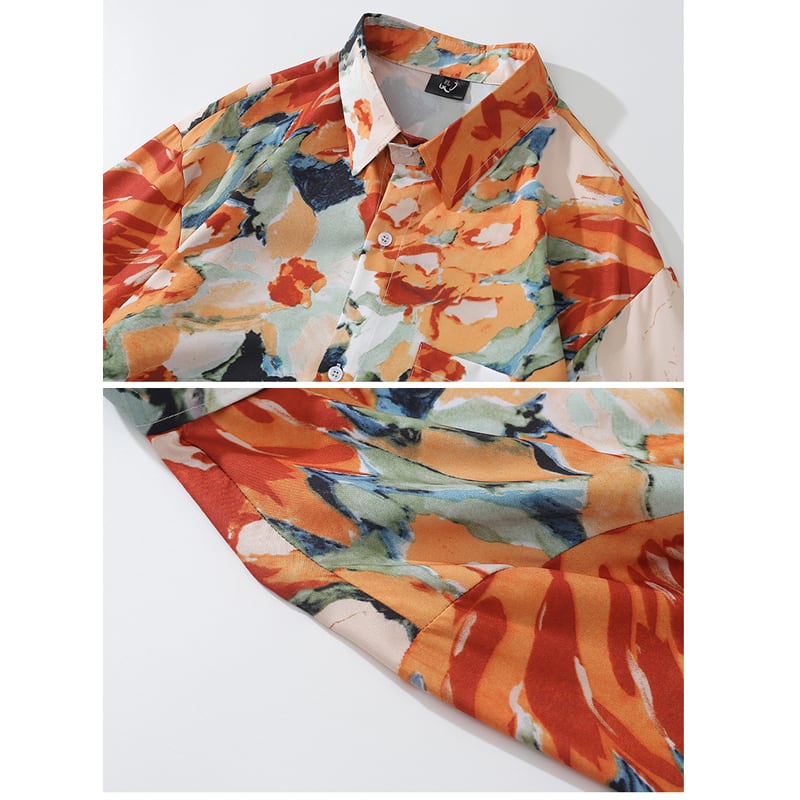 [TRAVEL ISSUANCE Series] ★Retro Shirt★ Oil Painting Style Shirt Floral Pattern Harajuku Style Unisex Men's Orange Casual