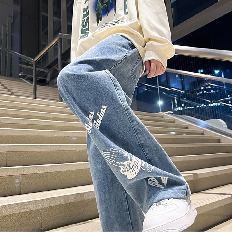 [KADISHOU Series] ★Denim Pants★ 2color Bottoms Pants Unisex Men's Print Unique Large Size