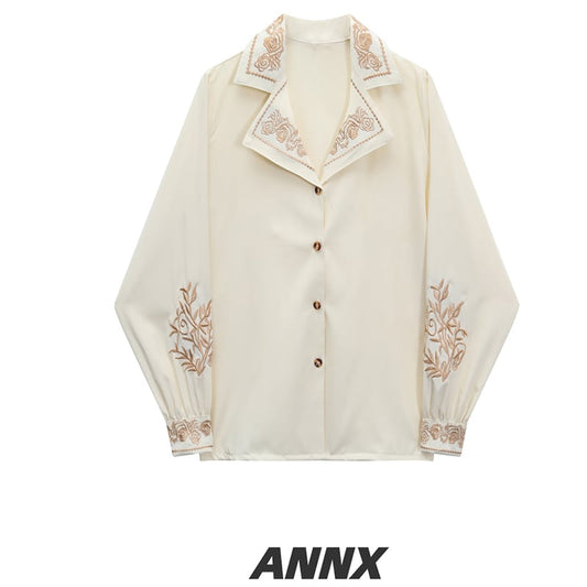 [ANNXstudio series] ★Embroidered shirt★ Long sleeve shirt, tops, flower embroidery, improves temperament, commuting, dating, retro