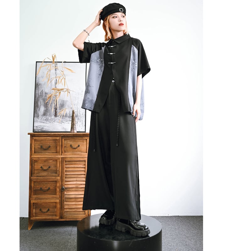 [Ancient monster---Long wind series]★China style pants★Bottoms Gaucho pants with belt Black Black