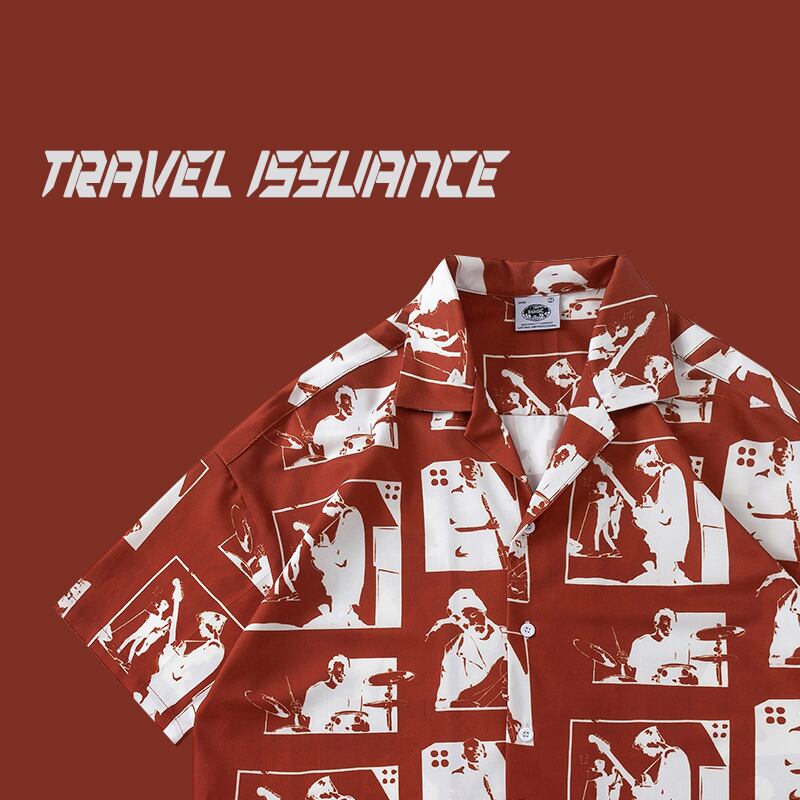 【TRAVEL ISSUANCEシリーズ】★レトロ シャツ★ 4color 落書き プリント 男女兼用 メンズ レッド グリーン ホワイト ブラック