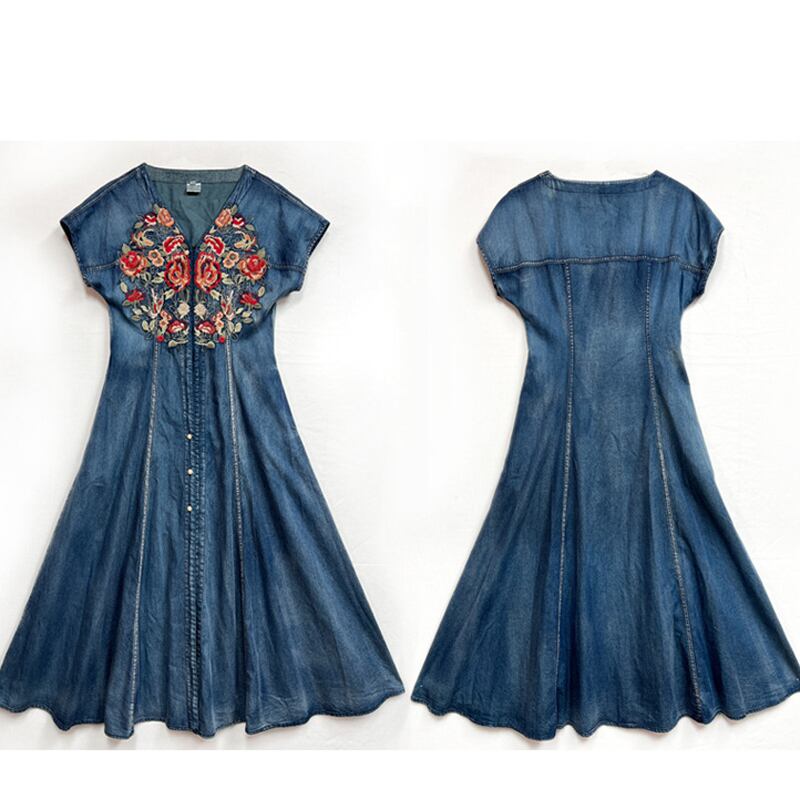 [KAWAYI Series]★Chinese style dress★ Embroidery Ethnic style V-neck Chinese clothing Tang suit Retro Blue Blue ML XL 2XL