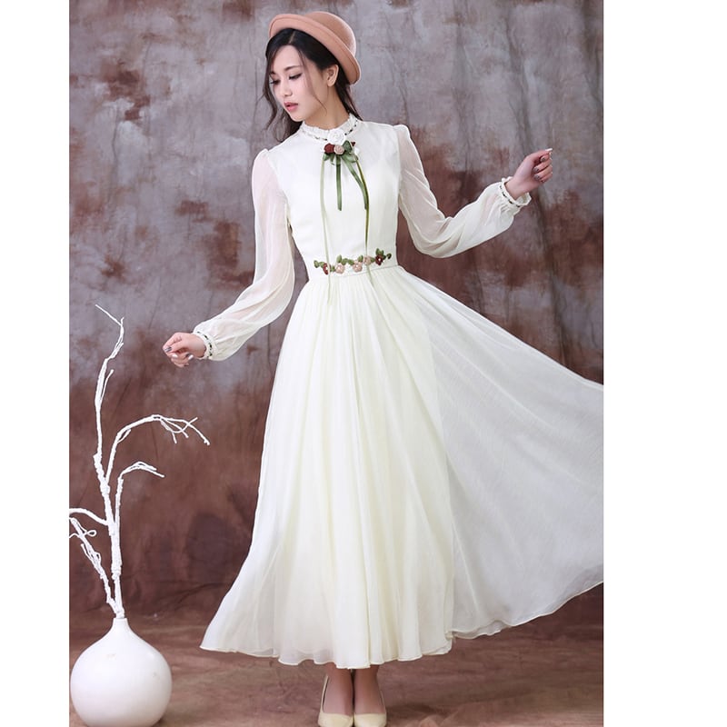 [Nan Kemu Series] ★One Piece★ Long Sleeve One Piece Dress Women's Date Ribbon Chiffon White White