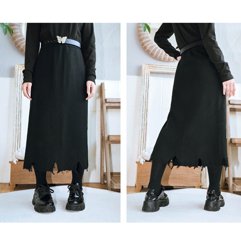 [Old Monster --- Ruined Roman Series] ★Knit skirt★ Bottoms, slimming, elastic waist, black, black, easy to match