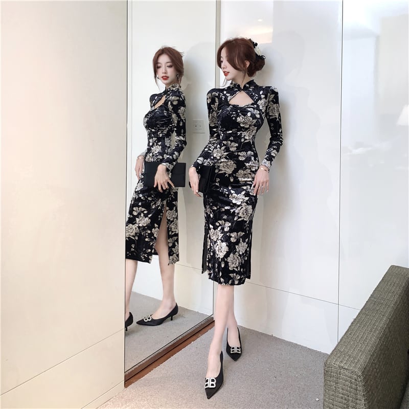 [Hundred Minute Eight Series] ★Floral pattern cheongsam★ Velvet, slimming, sexy, black, black SML, easy to match