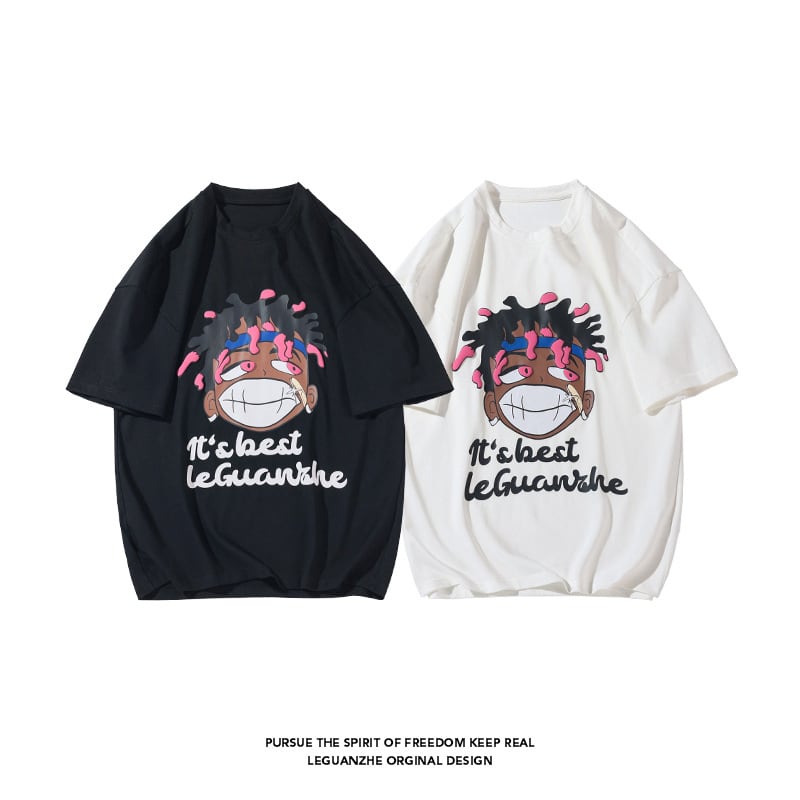 [BIGEMAN Series]★T-shirt★ Tops 2color Unisex Men's Large Size White Black Summer Cartoon