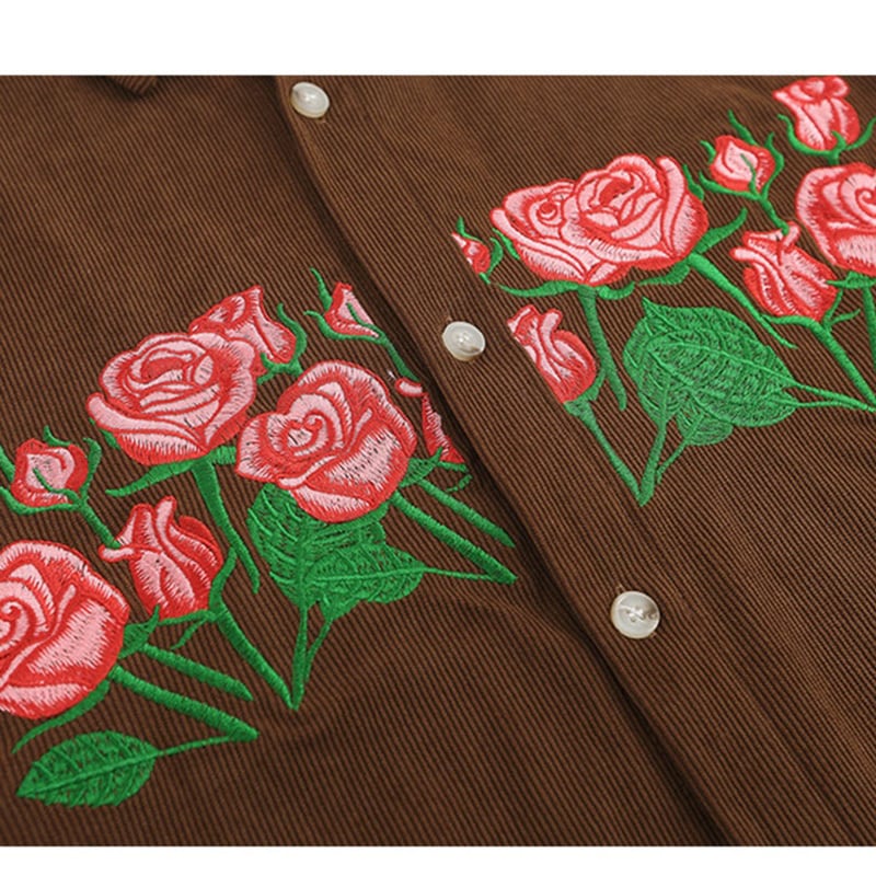 [FANMAN Series]★Shirt★ 2color Tops Short Sleeve Shirt Unisex Men's Embroidery Rose Brown Navy