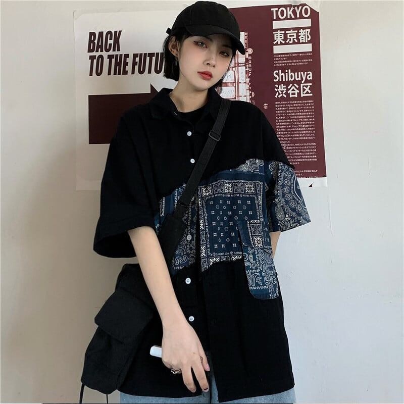 Time sale now on! ! [Style Series]★Shirt★ Tops Floral Pattern Switching Short Sleeve Shirt Unisex Print Men's Women's Black Black