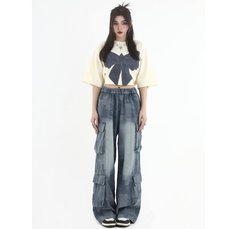 [Studios Series]★Denim Pants★ Bottoms Unisex Men's Trousers Plaid Pattern Elastic Waist Retro