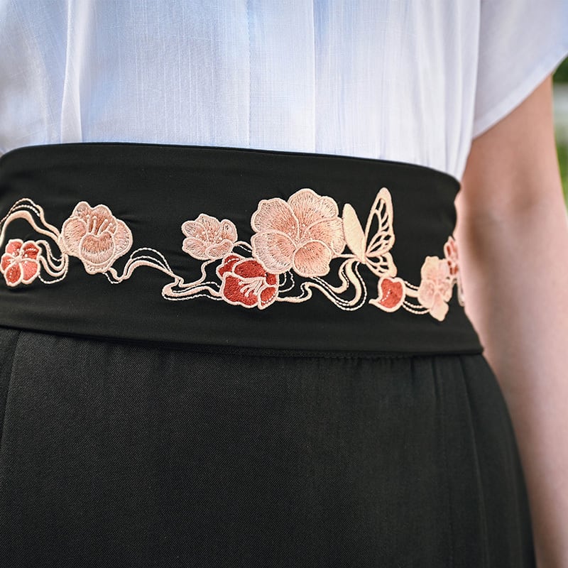 [Old Monster---Butterfly Series] ★China style obi★ 2color belt Easy to match Black Black embroidered Flower embroidery