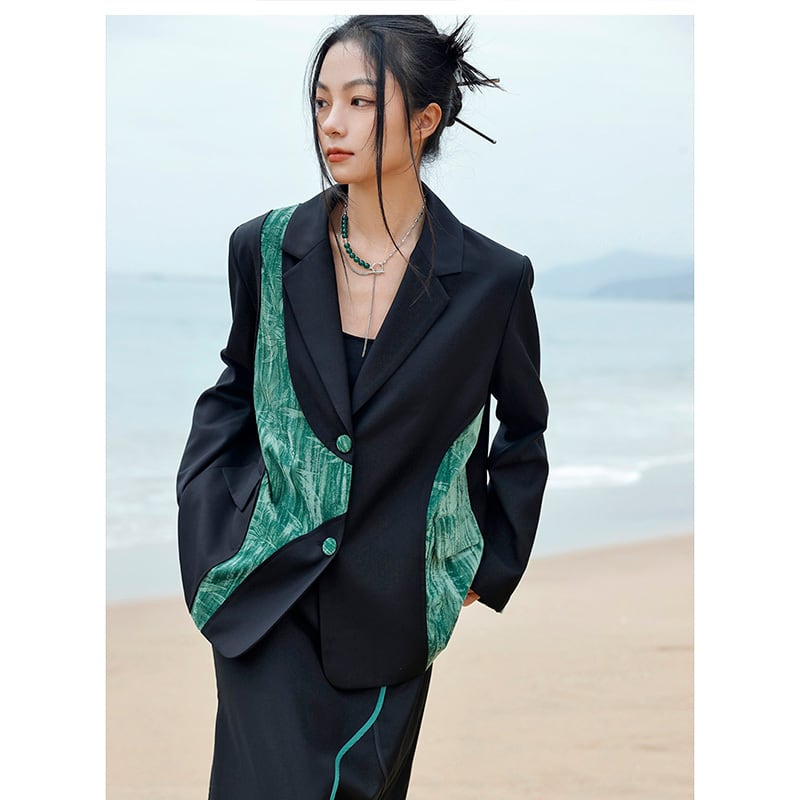 [Daiseiryusu Series] ★China style outerwear★ Blazer switching color scheme original black black easy to match