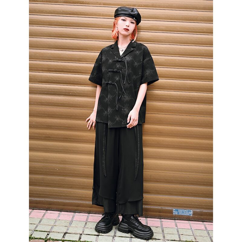 [Ancient monsters --- Ink series] ★China style shirt★ Tops Short sleeve shirt Black Black China button