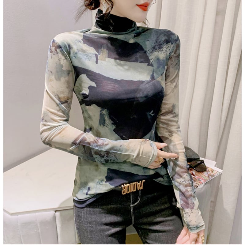 [YINUO Series] ★Tops★ T-shirt Turtleneck Sexy Slimming Ladies Tie-dye