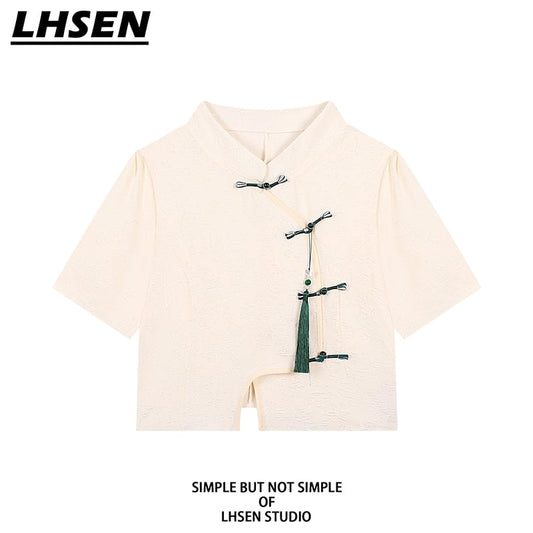 [LHSEN Series]★China style tops★ 2color Chinese style shirt, short length, mini length, slimming, short sleeve