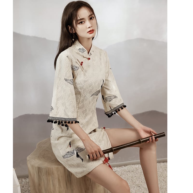 [YUEQIAO Series]★China Dress★ 2color Short Length Chinese Style Dress Crane Lace Chinese Clothes Black Black