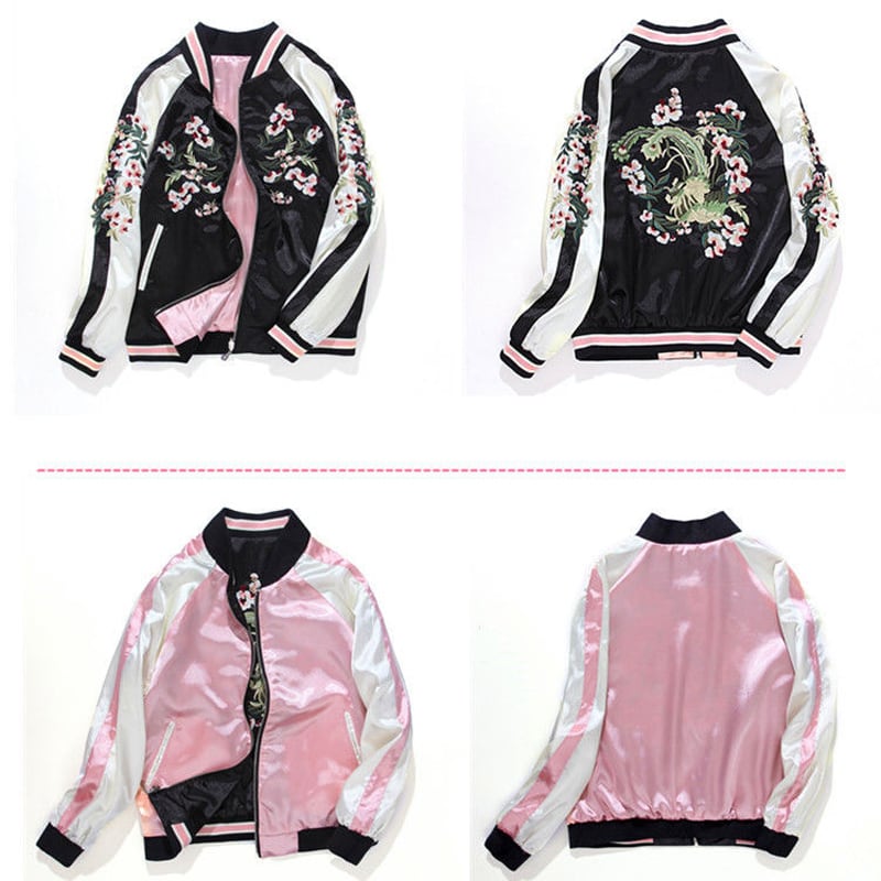 Flower embroidered stadium jacket, double-sided clothing, Chinese style clothing, unisex, couple clothing, pink + black