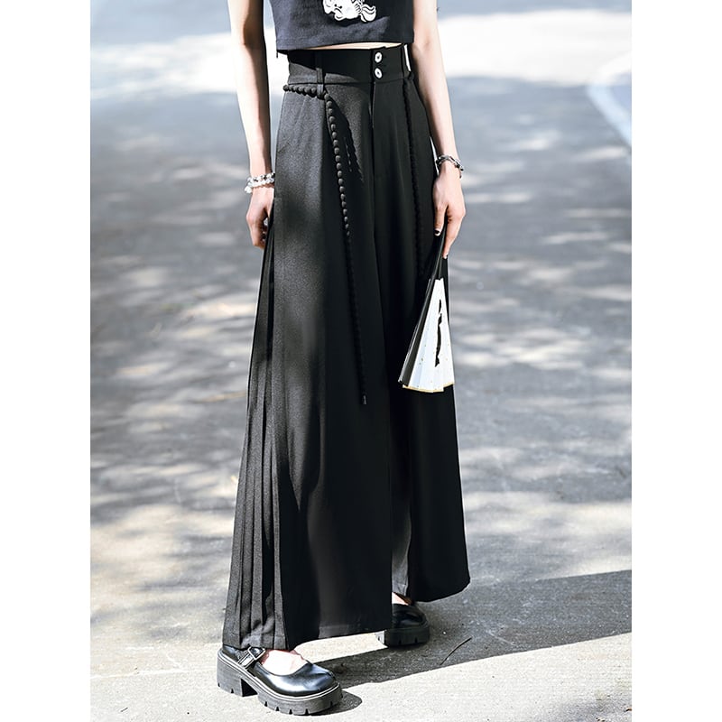 [Ancient monster---Long wind series]★China style pants★Bottoms Gaucho pants with belt Black Black