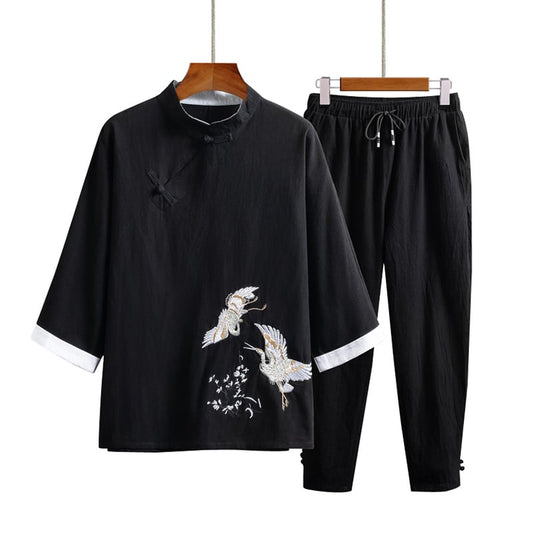 [PINZHI Series] ★China style setup★ 3color tops + pants, unisex, men's, large size, crane, improved tangsu