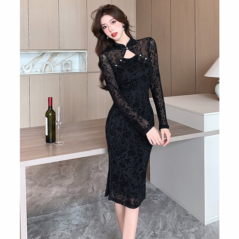 [AL Fashion Series] ★Cheongsam dress★ Chinese style dress, slimming, sexy, improving temperament, black, black