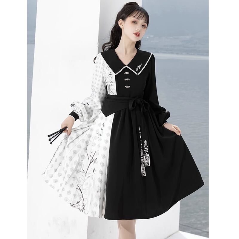 [Dust Smoke Cloud Dream---Boku Bamboo Series] ★Chinese style dress★ Long sleeve switching bamboo Chinese clothing Black Black SML Original Cute