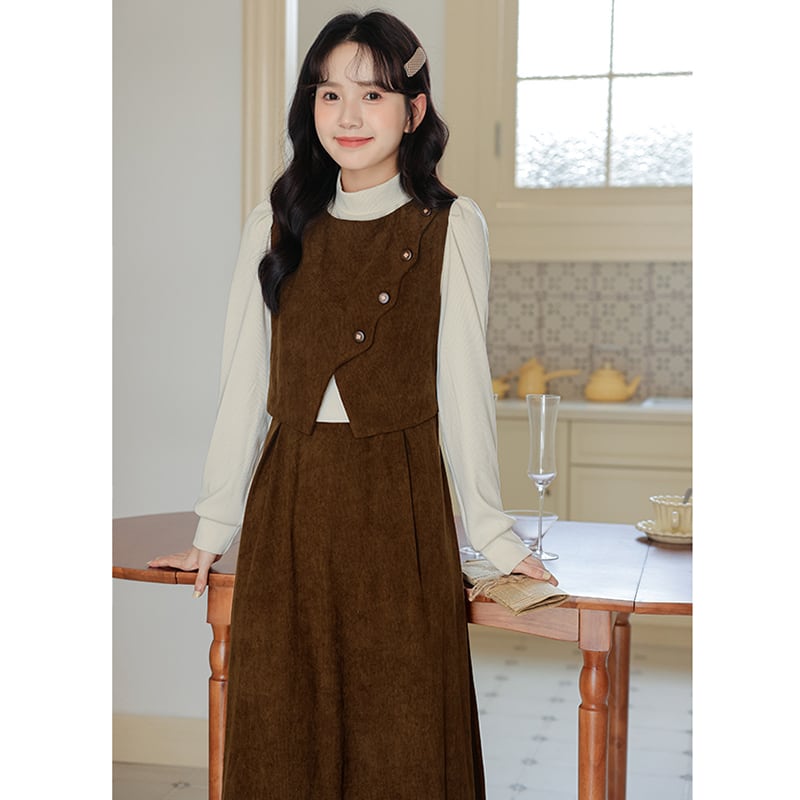 [CHIC Series] ★One Piece★ Faux Layered Corduroy Coffee Color Date Improves Temperament