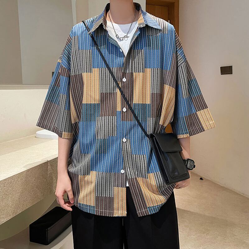 [TIAOTA Series]★Shirt★ Tops Unisex Men's Summer Clothes Easy to Match Plaid Summer Clothes Hawaii Aloha Shirt