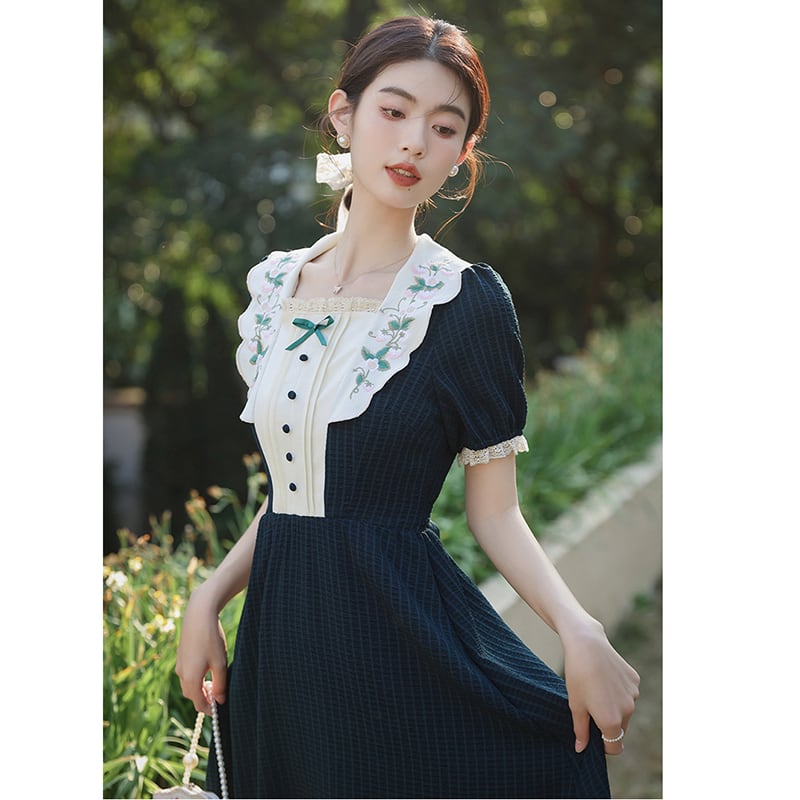 [Nan Kemu Series] ★One Piece★ Embroidery Girls' Night Out Date Sexy Temperament Enhancement Retro Green Short Sleeve Dress Summer Clothes