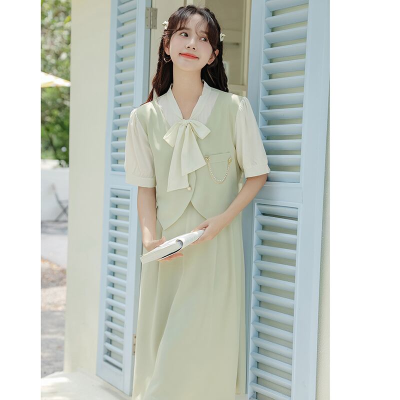 [Ali Series] ★One Piece★ Faux Layered Ribbon Commuting Wedding Date Office Summer Clothes Green Green