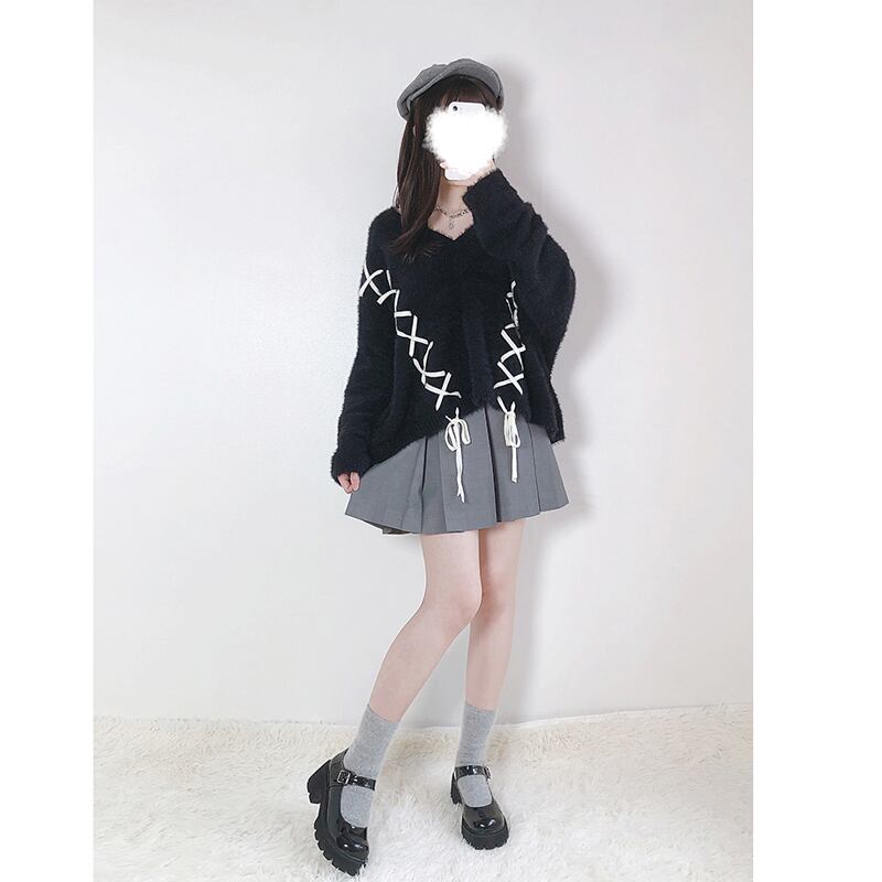 [Nekogan Series]★Sweater★ 2color Black or Gray Tops V-neck Fluffy Loose Black Date Cute