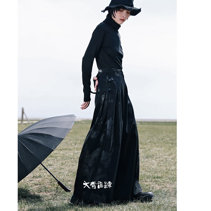 [Big Blue Dragon Series] ★China style gaucho pants★ Gaucho bottoms switching print slimming black black